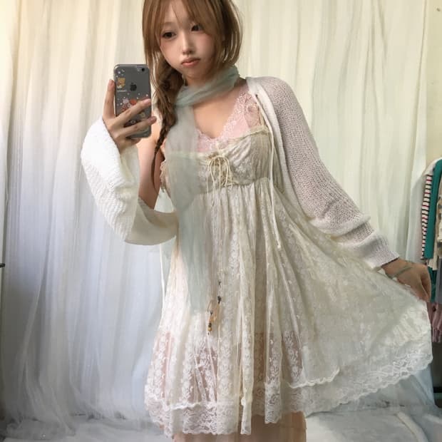 빈티지 화이트 핑크 민트 레이스 페어리 코디세트