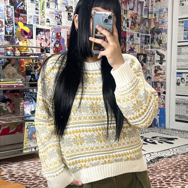 JPN 지유 옐로우 화이드 노르딕 패턴 니트