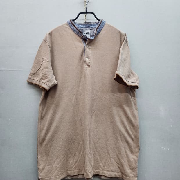 자라 ZARA 헨리넥 체크 디테일 반팔카라 L(L)