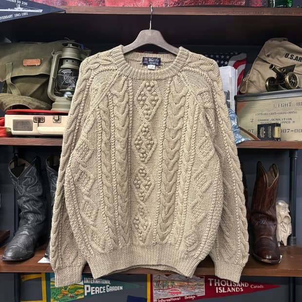 빈티지 케이블 보블 스티치 아란 울 스웨터