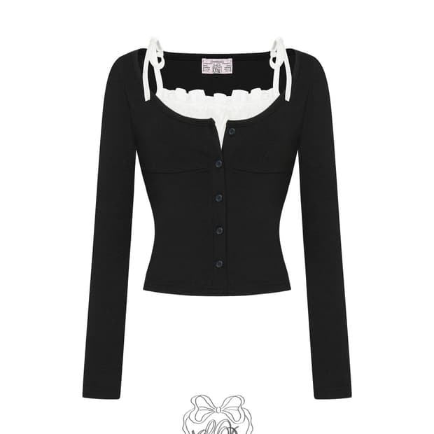 클라우드이모션 Made 블랙 클리셋 새틴 셔링 나시 레이어드 가디건 