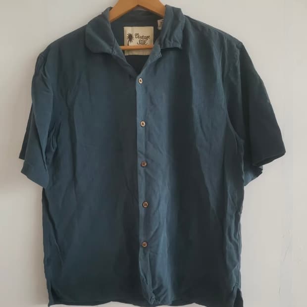  [Vintage]  Pure Silk 소프트 네이비 반팔 셔츠