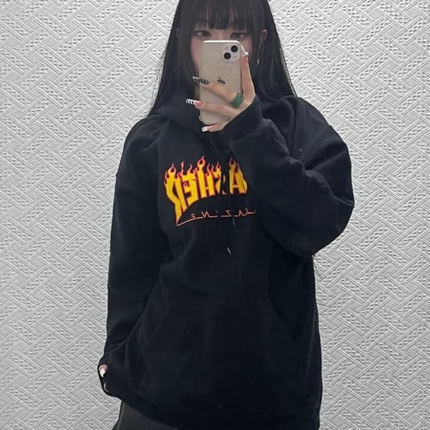 트레셔 올드스쿨 스트릿 펑크 불꽃로고 후드티 L C10095