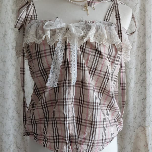 [리폼] 핑크 체크 레이스 블라우스 탑