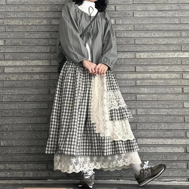 빈티지 체크 레이스 캉캉스커트