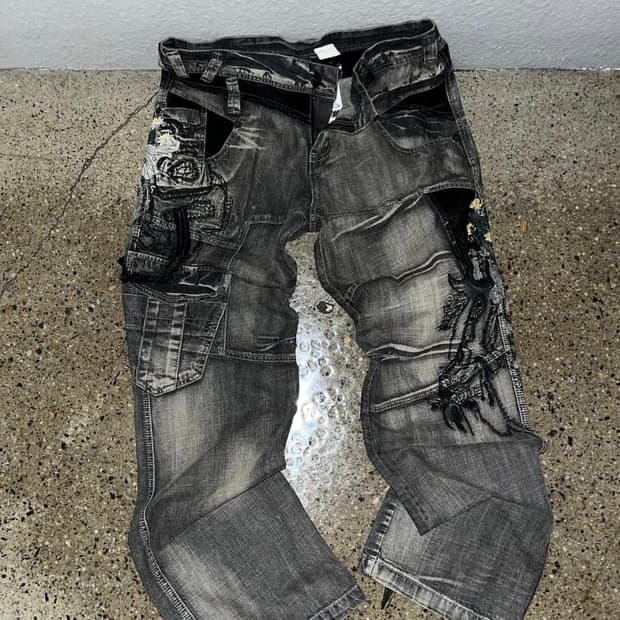 빈티지 블랙 자수팬츠