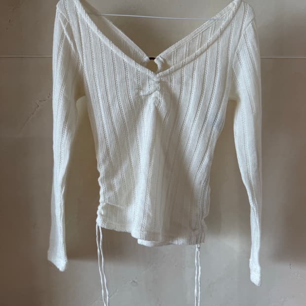 Vintage White V-Neck Shirred Knit Top