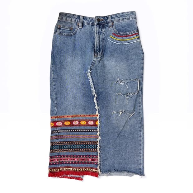 보헤미안 데미지 데님 미디스커트