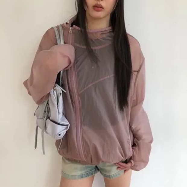 키이라 시스루 사선 바람막이 핑크