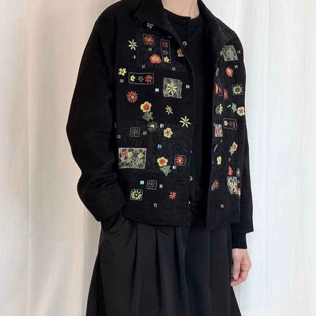 Floral Patchwork Knit Blouson - Black