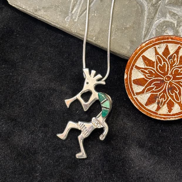 Turquoise Kokopelli Silver Pendant & Bro