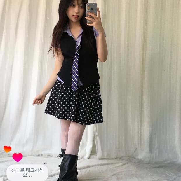 빈티지 퍼플 도트 프레피 코디세트