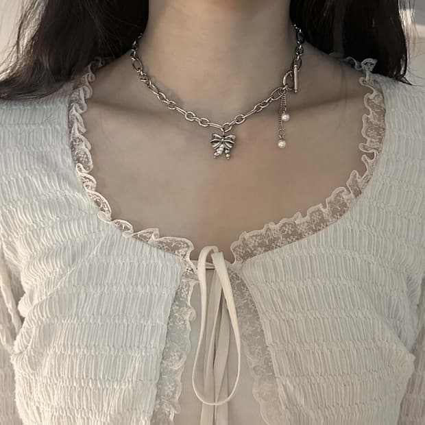 오퓨즈 pearl drop choker(ribbon) 목걸이