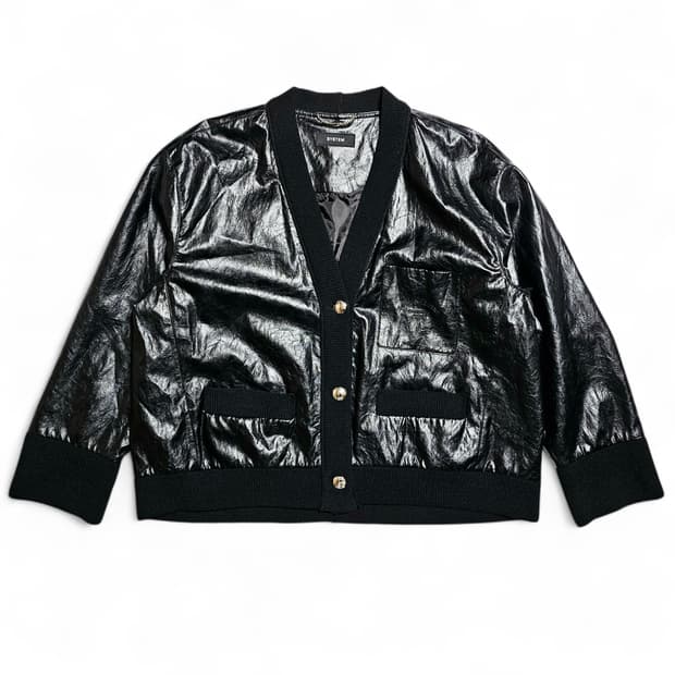 [88(66)][한섬 시스템SYSTEM] 페이크 레더 텍스트 블록 점퍼