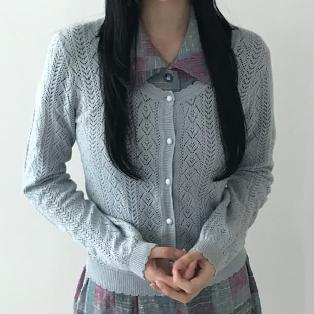 Lace Frill Punching Button Cardigan(Skyb