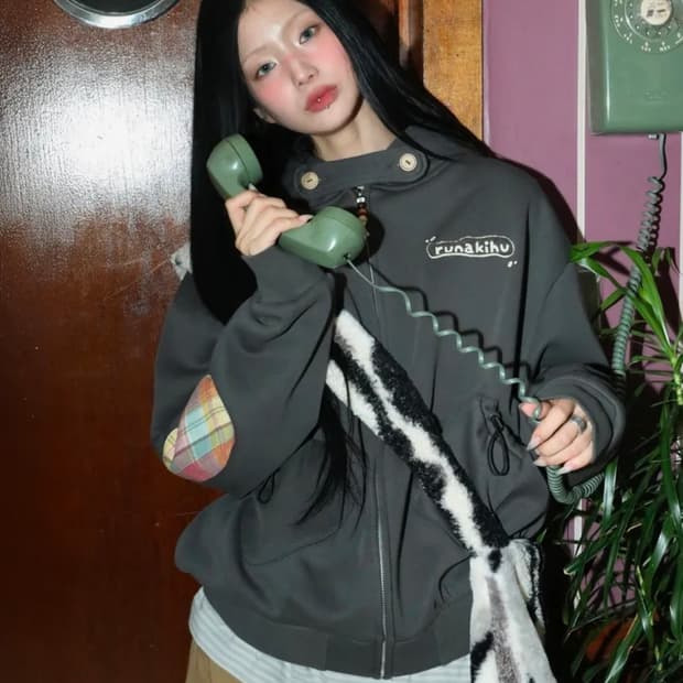 루나키후 체크 배색 후드집업