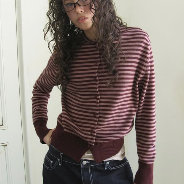 락케이크 stripe logo knit cardigan