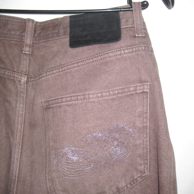 Suade 데님 자수 팬츠 브라운 스웨이드 라지