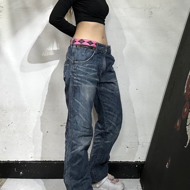 90s 일본 빈티지 나바호 체크 캣 워싱 와이드 데님 워크 팬츠 청바지 