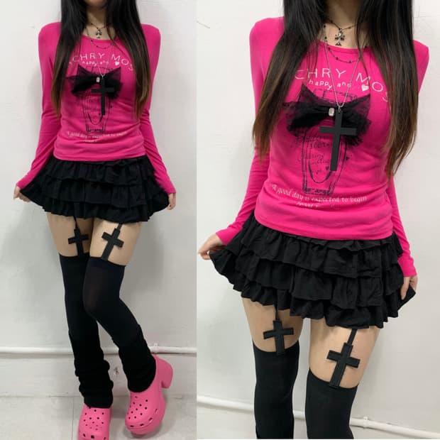 [SOSPITO] 갸루 도트 리본 핑크 롱슬리브