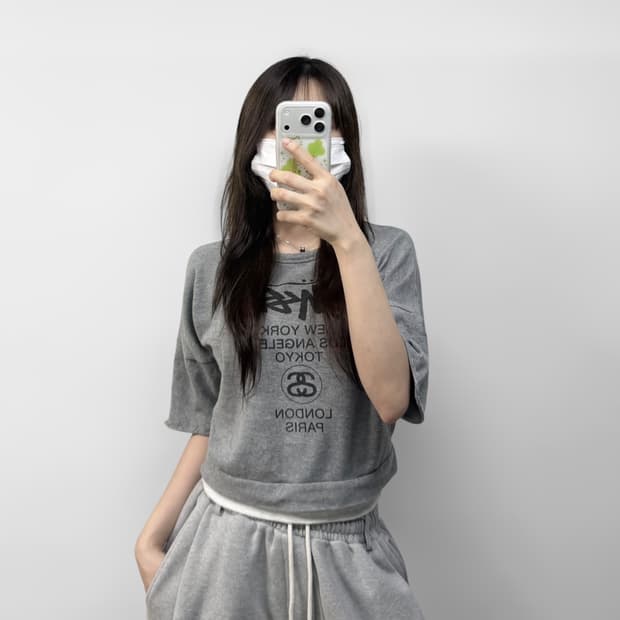 스투시 Stussy 월드투어 크롭 크루넥 반팔 그레이