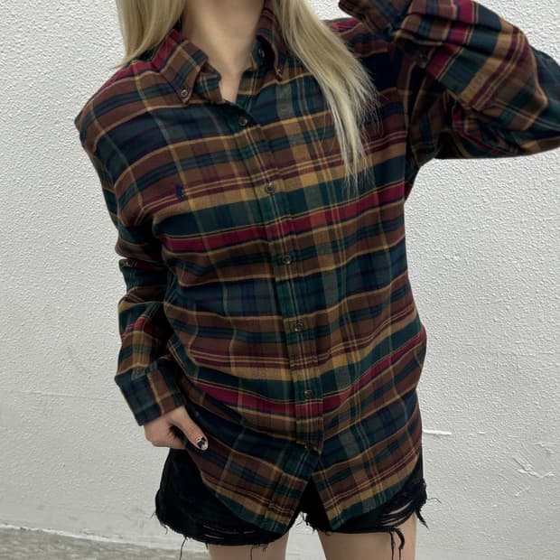 폴로 랄프로렌 네이비포니 브라운 타탄체크 울 셔츠 S