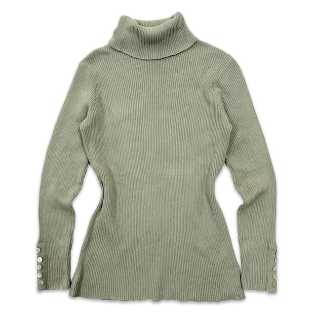 빈티지 CLASSICAL ELF 카키 하이넥 디테일 단추 니트
