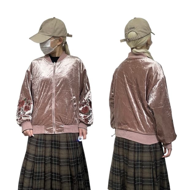 일본 빈티지 핑크 벨벳 자수 스카잔 자켓