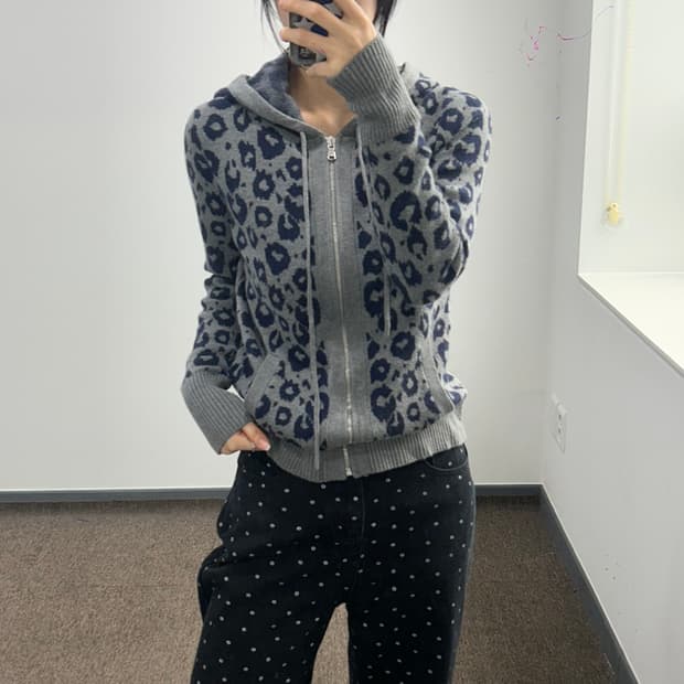 Gap 갭 블루 레오파드 그레이 니트 후드집업