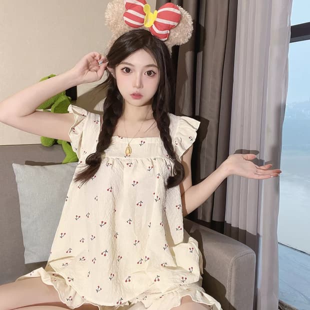 체리 패턴 프릴레이스 민소매티셔츠+팬츠 여성 잠옷 세트 파자마