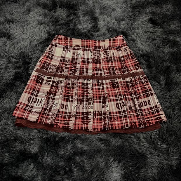 레드 체크 레터링 펑크 레이스플리츠 스커트