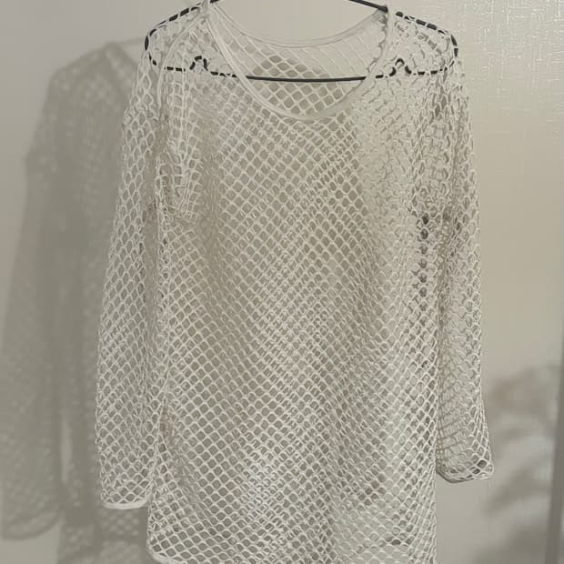 화이트 메시 롱슬리브 그물 시스루 탑