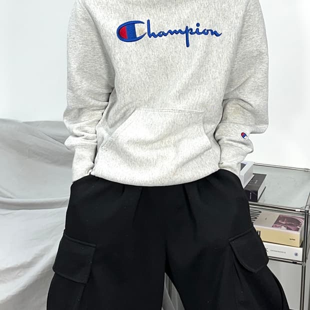 챔피온 라이트 그레이 빅로고 후드티 L