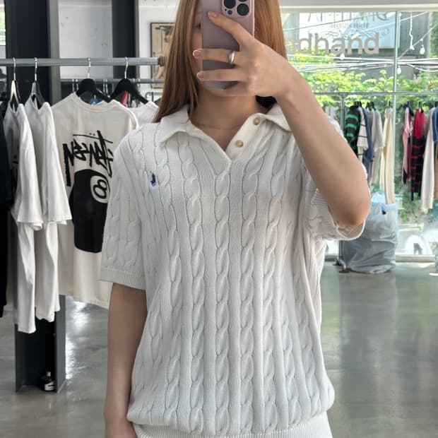 폴로랄프로렌 큐알텍 케이블 꽈배기 넥버튼 반팔니트