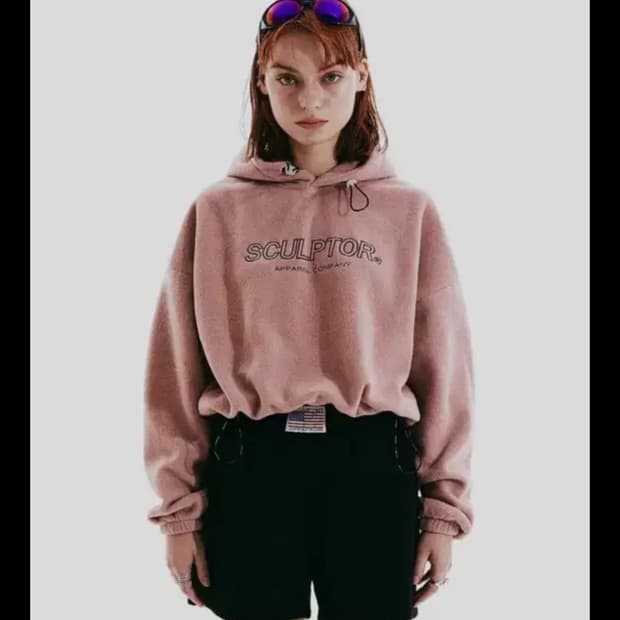 스컬프터 플리스 스트링 크롭후드 후드티 핑크