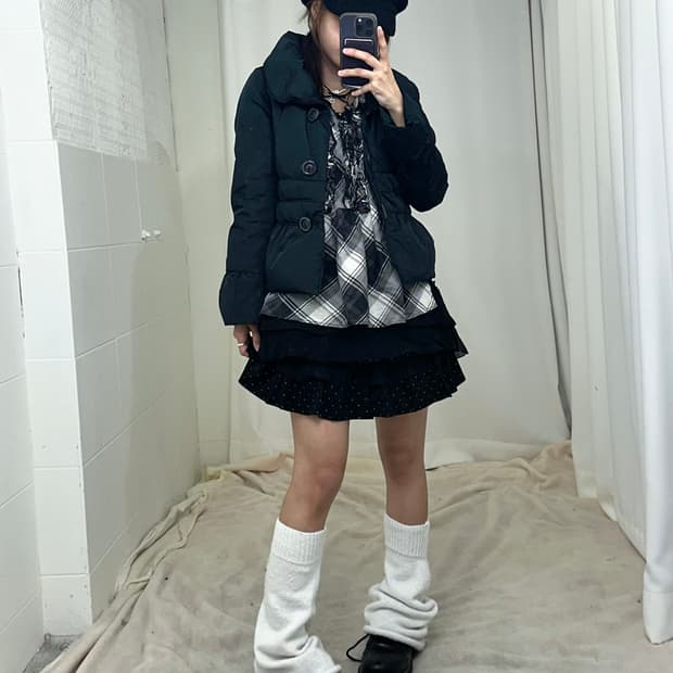 데일리 무채색 모리걸 체크 도트 패딩 코디세트
