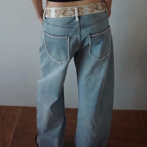 스컬프터 비즈 웨이스트 데님 팬츠 미드 블루