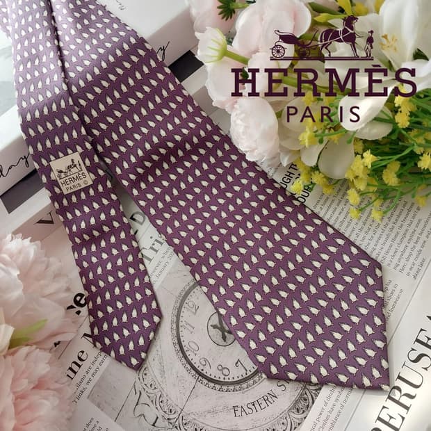에르메스 실크 펭귄 패턴 퍼플 넥타이 9.4cm A+등급 K1321
