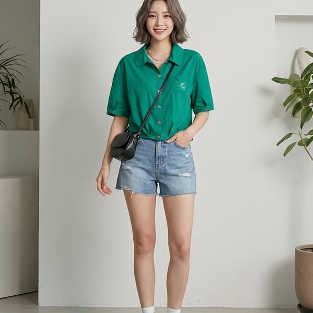 AK ANNE KLEIN 그린 포켓 크롭 반팔 셔츠