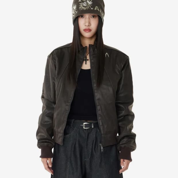 아캄 Piping Leather Blouson (Brown)