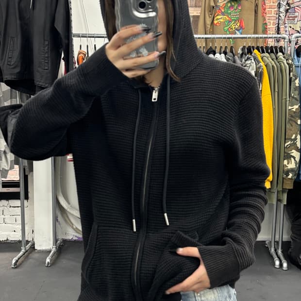 디젤 포켓 디테일 와플 후드집업