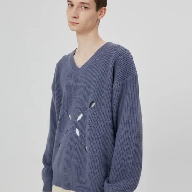 문선 Argyle Hole Oversize Knit [Blue Grey]