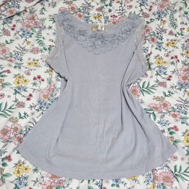 일본빈티지)레이스 스카이블루 모리걸 엑팜깔 플로럴 슬리브리스