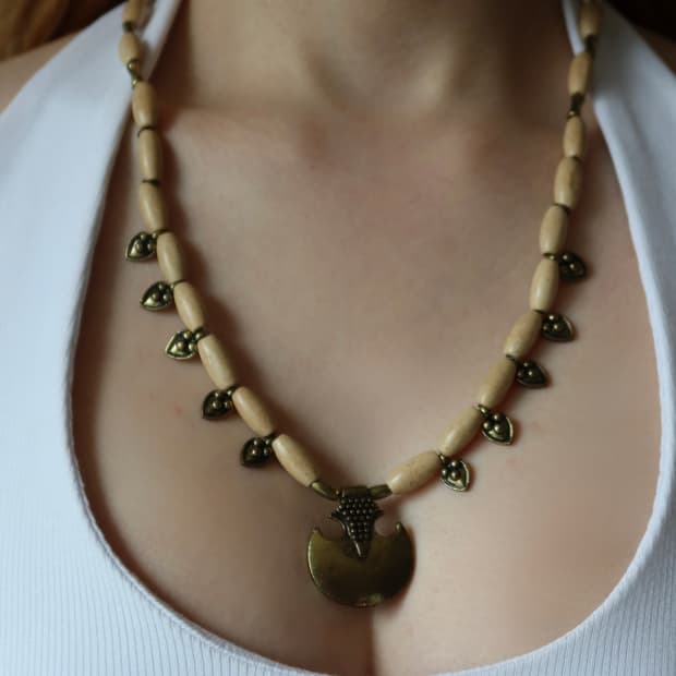 tribal crescent wood bead necklace