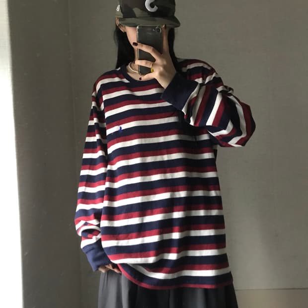 폴로 스트라이프 와플 롱슬리브