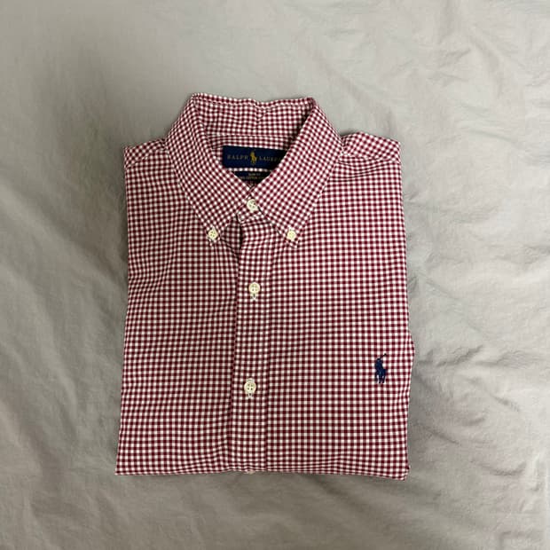 폴로 랄프로렌 깅엄 체크 레드 포플린 긴팔 셔츠 슬림핏 L