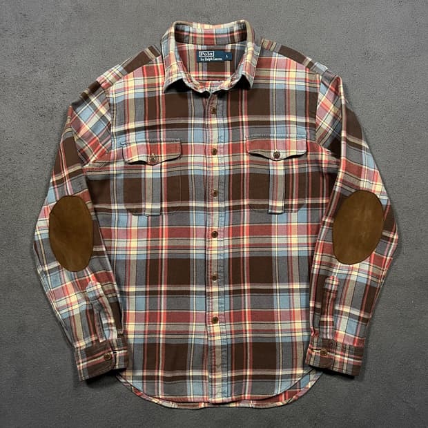 폴로 엘보우 레더 패치 체크 셔츠