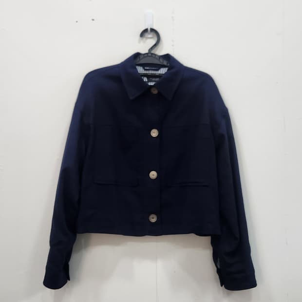 [S] 자라 네이비 크롭 셔츠 자켓 린넨혼방