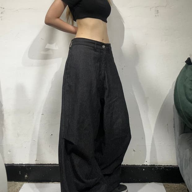 Vass 빈티지 흑청 와이드 히코리 와이드 힙합 데님 팬츠 M