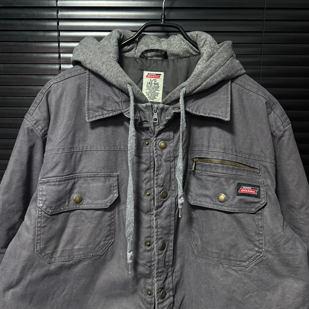 디키즈 90s 패디드 누빔 워크 셔츠 자켓 포켓 워시드 워싱 그레이 후드